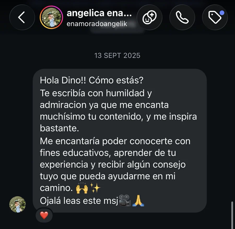 Mensaje de Angélica, 13 de septiembre de 2025: le escribe con admiración y le pide conocerlo con fines educativos para aprender de su experiencia.